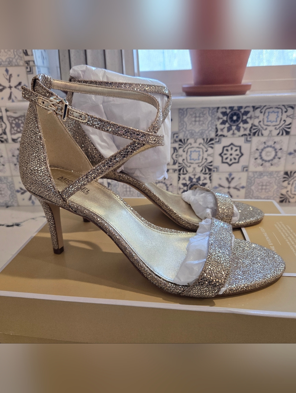 Michael Kors Ava Mid Sandal 3.5" Heels Glitter Mesh Sand/Gold Color--Size 9--NWB